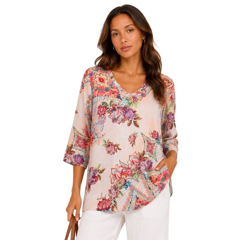 Soft Surroundings Top Womens Medium Cream Red Floral Paisley Tunic Boho Artsy